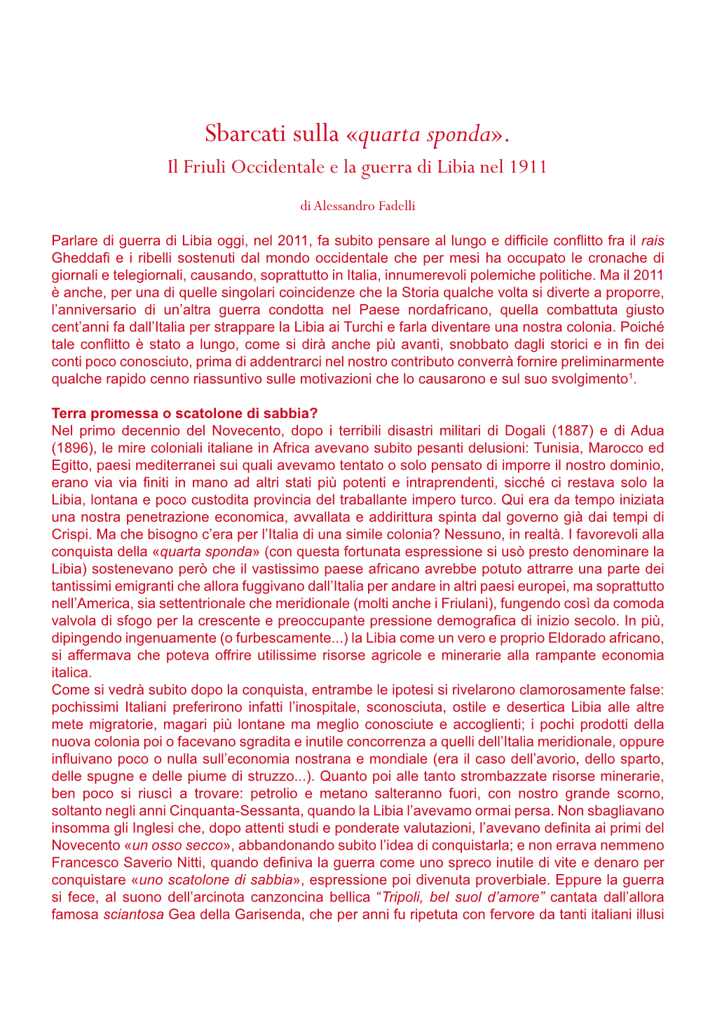 Quarta Sponda». Il Friuli Occidentale E La Guerra Di Libia Nel 1911