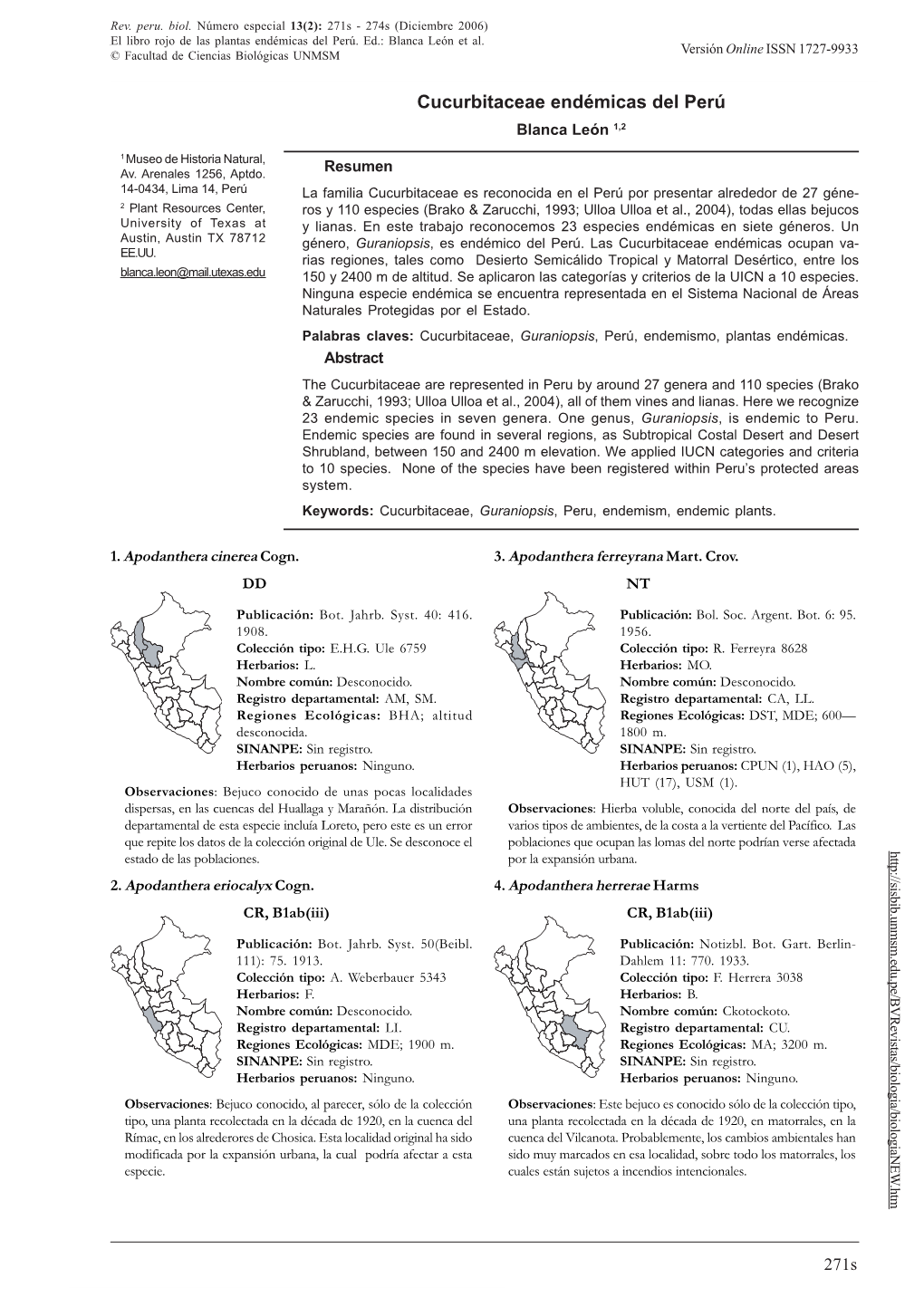 CUCURBITACEAE ENDÉMICAS DEL PERÚ © Facultad De Ciencias Biológicas UNMSM Versión Online ISSN 1727-9933