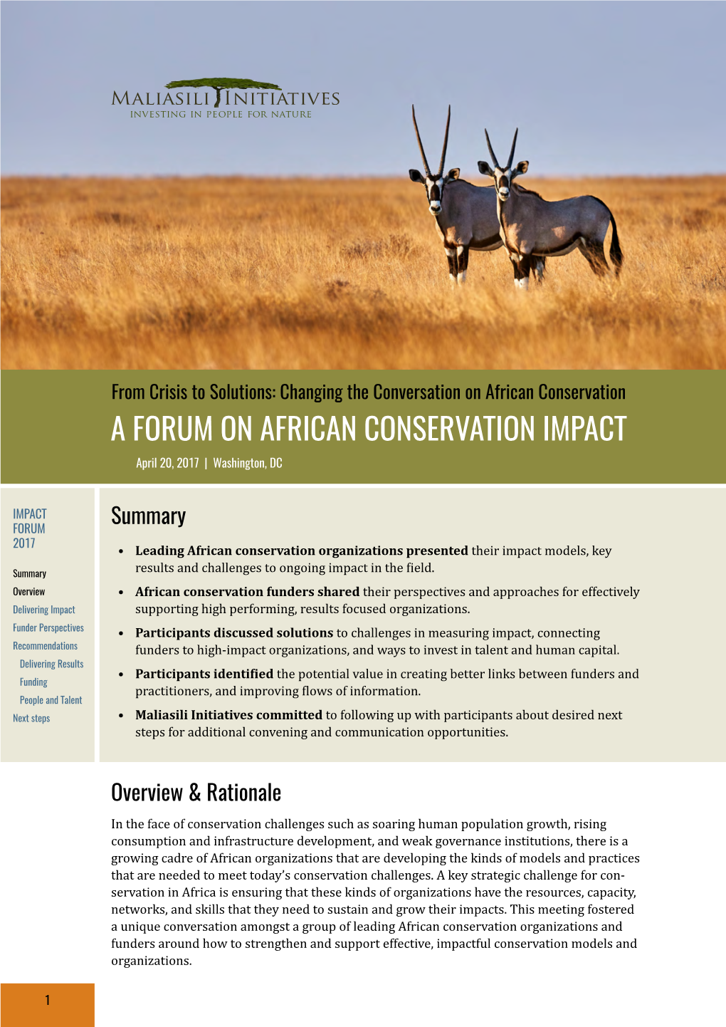 A FORUM on AFRICAN CONSERVATION IMPACT April 20, 2017 | Washington, DC