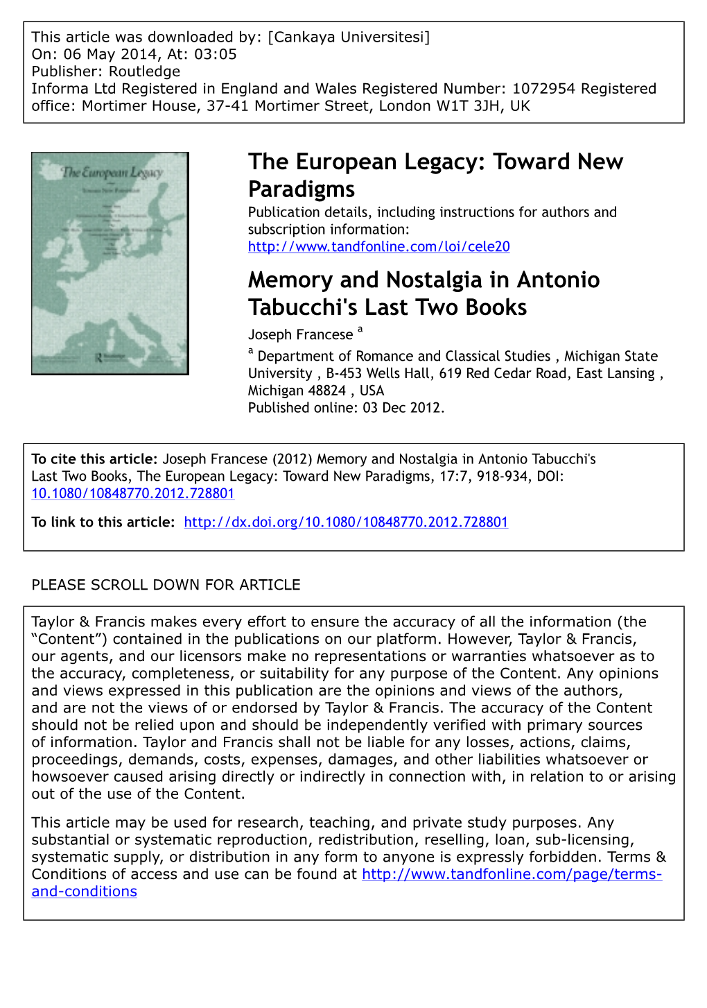 The European Legacy: Toward New Paradigms Memory and Nostalgia