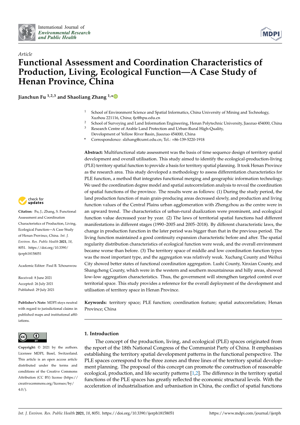 Functional Assessment and Coordination Characteristics of Production, Living, Ecological Function—A Case Study of Henan Province, China