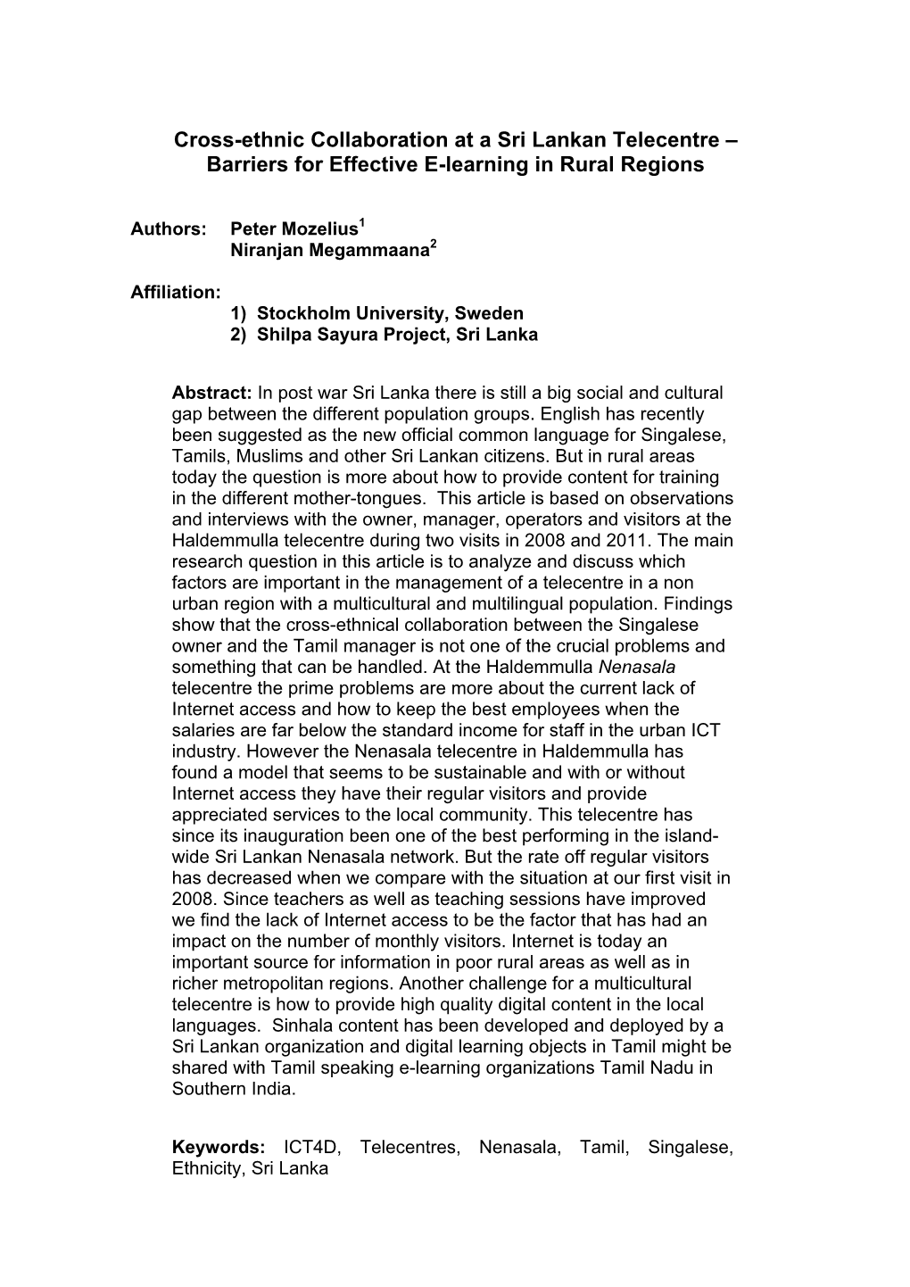 Cross-Ethnic Collaboration at a Sri Lankan Telecentre – Barriers for Effective E-Learning in Rural Regions