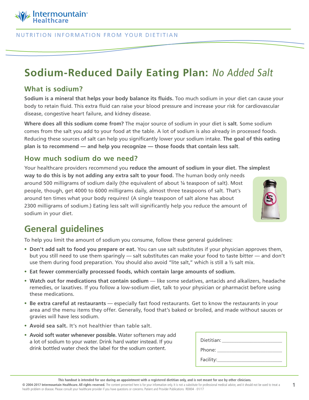 Sodium-Reduced Daily Eating Plan: No Added Salt