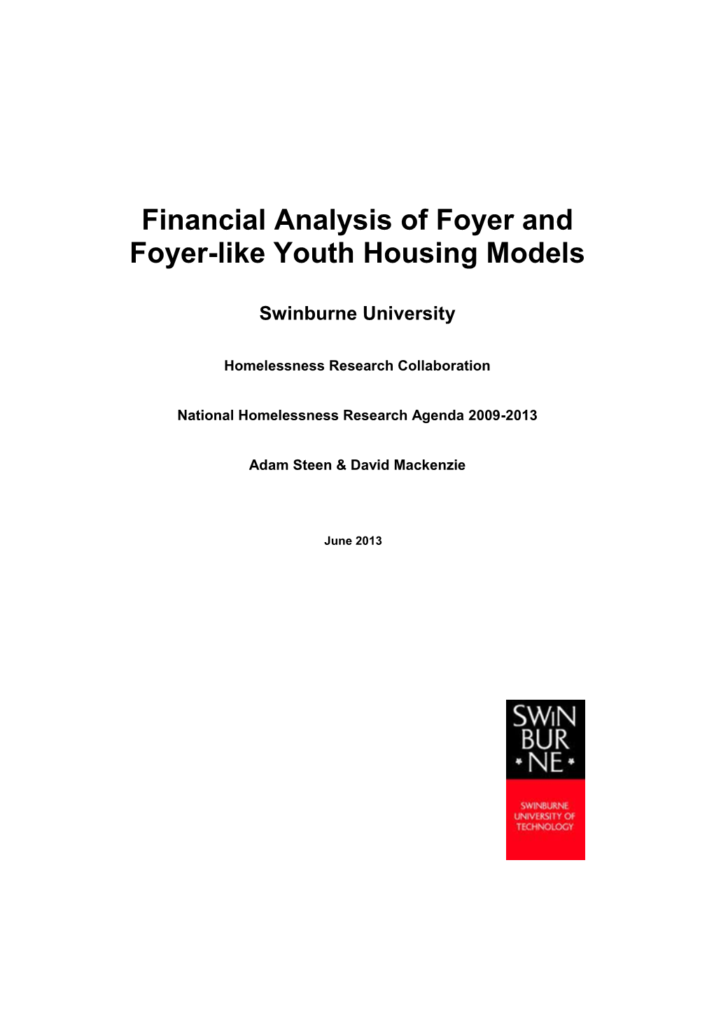 Financial Analysis of Foyer and Foyer-Like Youth Housing Models