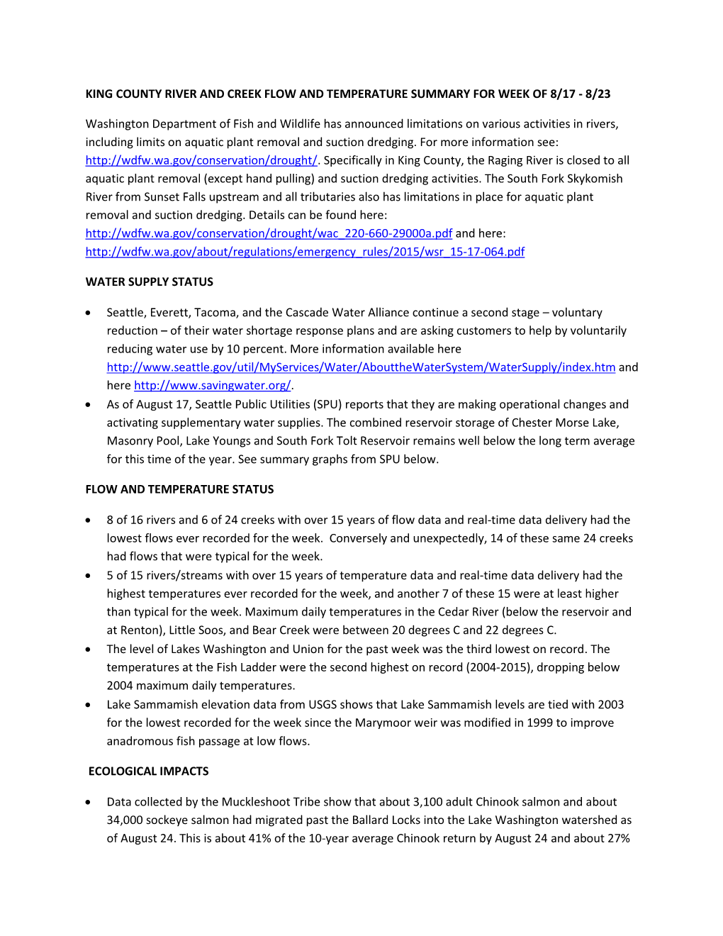 King County River and Creek Flow and Temperature Summary for Week of 8/17 - 8/23