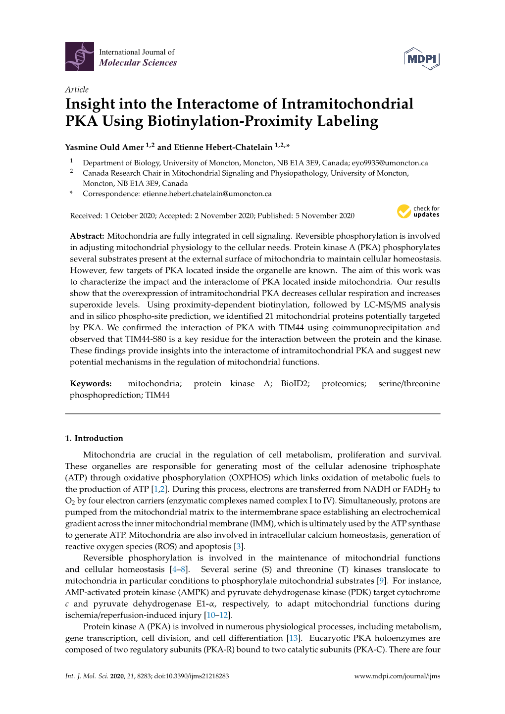Insight Into the Interactome of Intramitochondrial PKA Using Biotinylation-Proximity Labeling