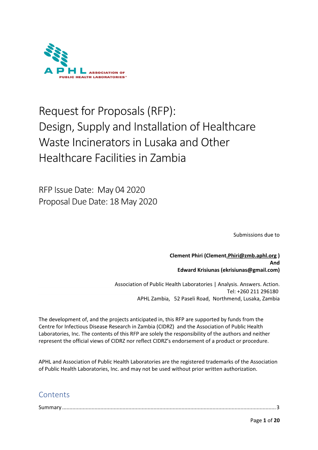 RFP): Design, Supply and Installation of Healthcare Waste Incinerators in Lusaka and Other Healthcare Facilities in Zambia