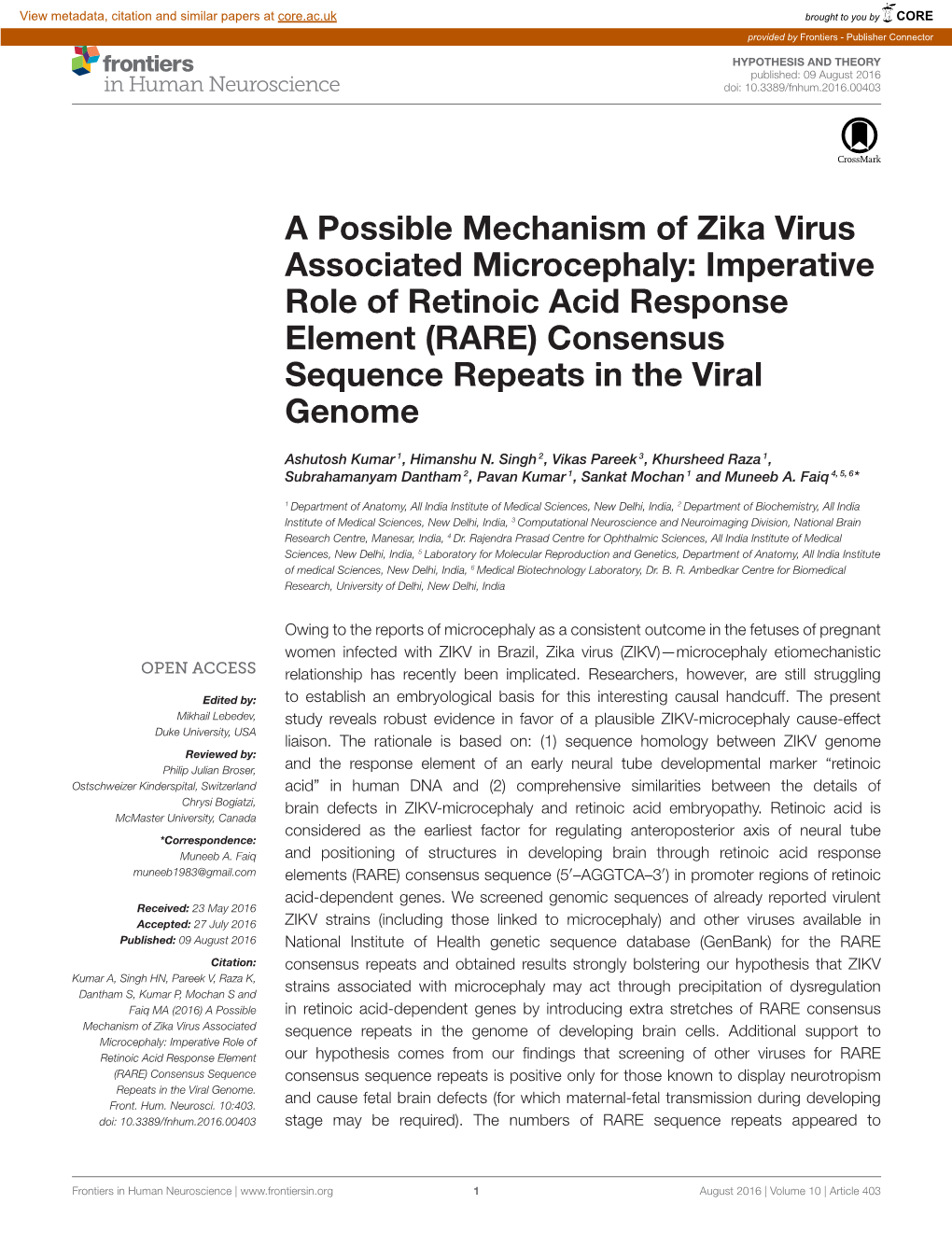 A Possible Mechanism of Zika Virus Associated Microcephaly: Imperative Role of Retinoic Acid Response Element (RARE) Consensus Sequence Repeats in the Viral Genome