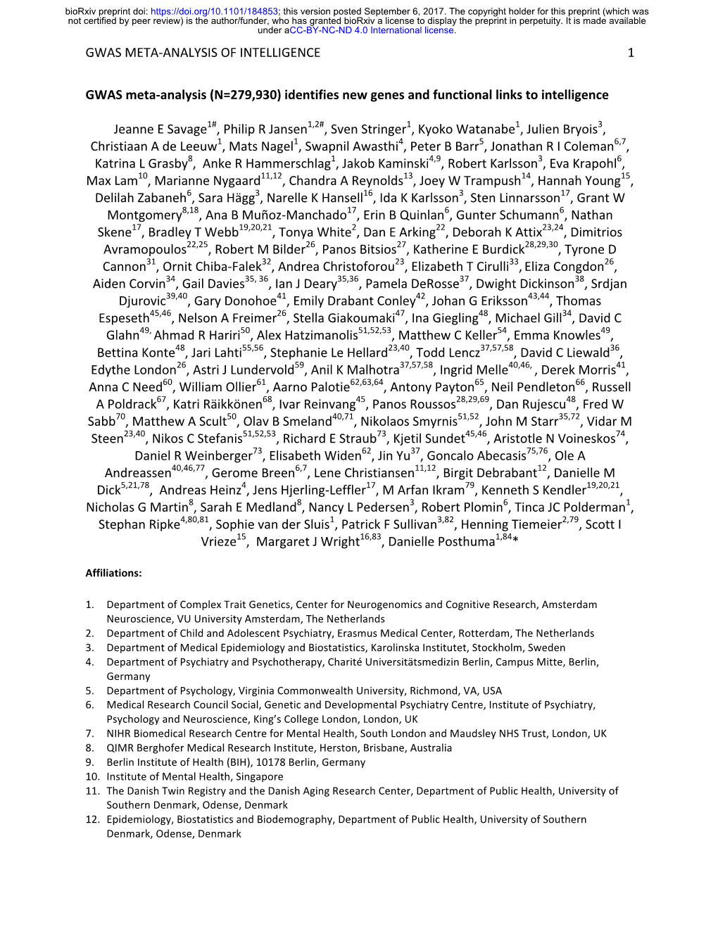 Gwas Meta-Analysis of Intelligence 1