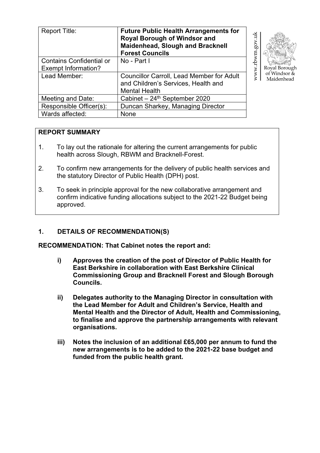 Meetings 200924 Cab DPH East Berkshire, Item 6A PDF 148 KB