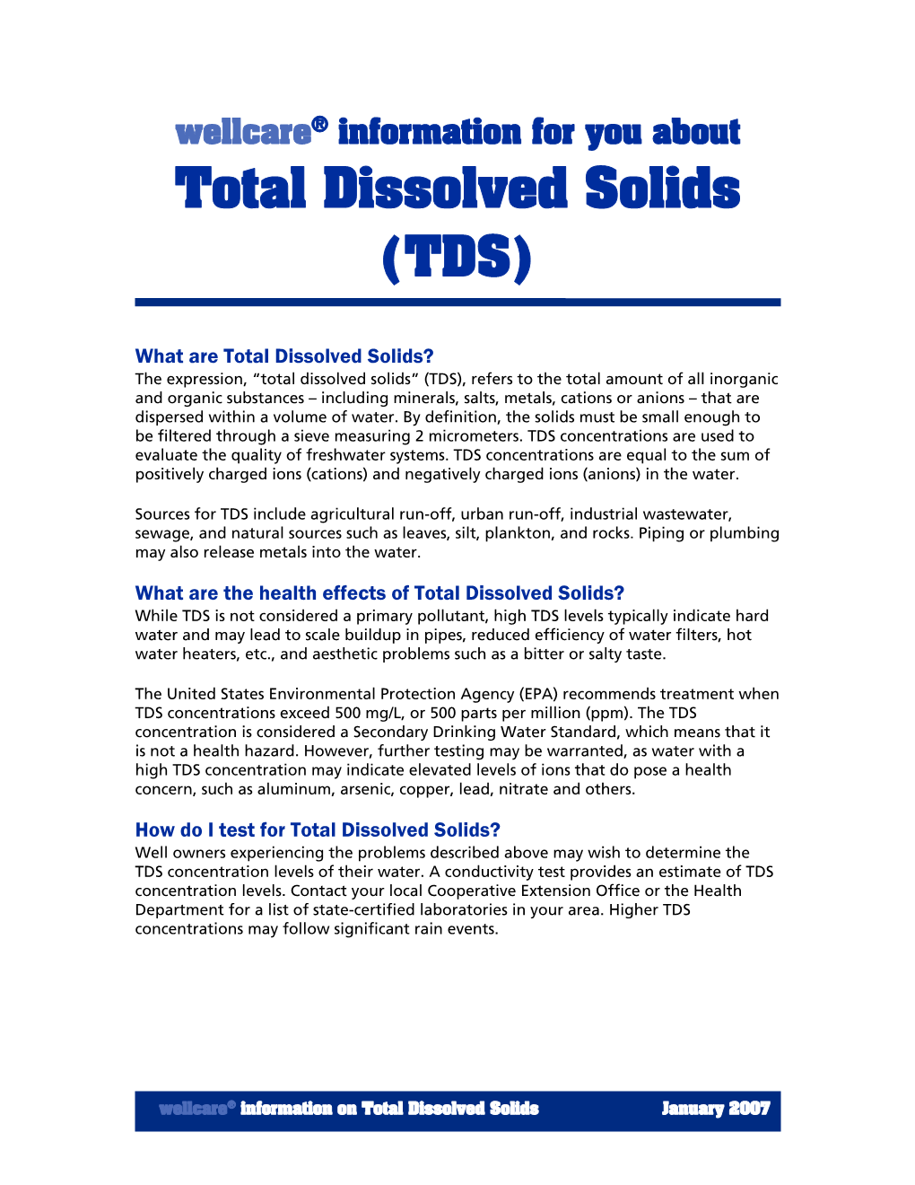 Wellcare® Information for You About Total Dissolved Solids (TDS)