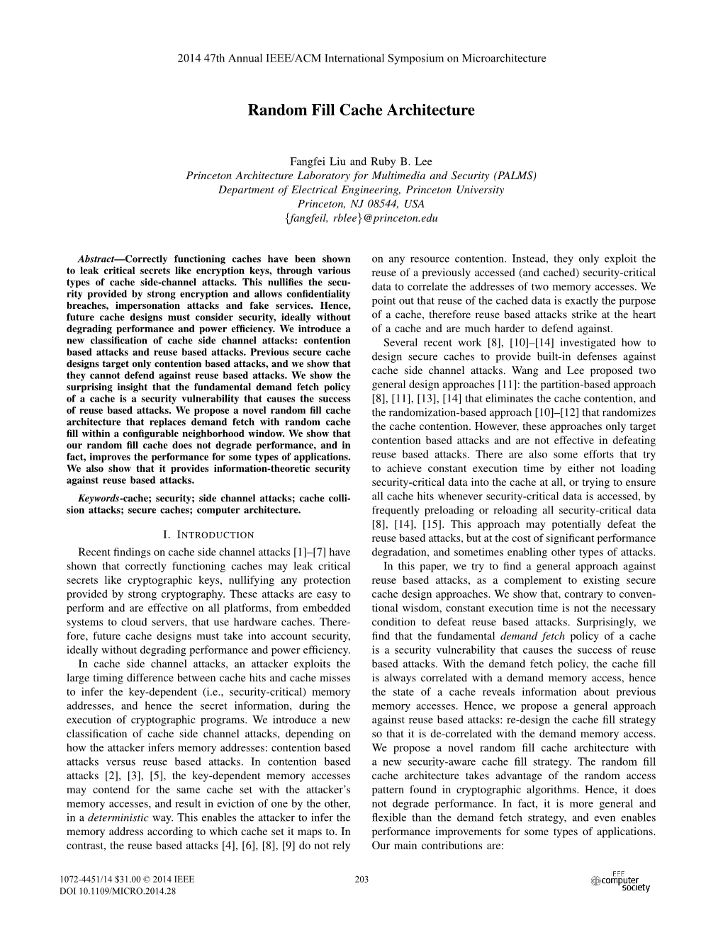 Random Fill Cache Architecture