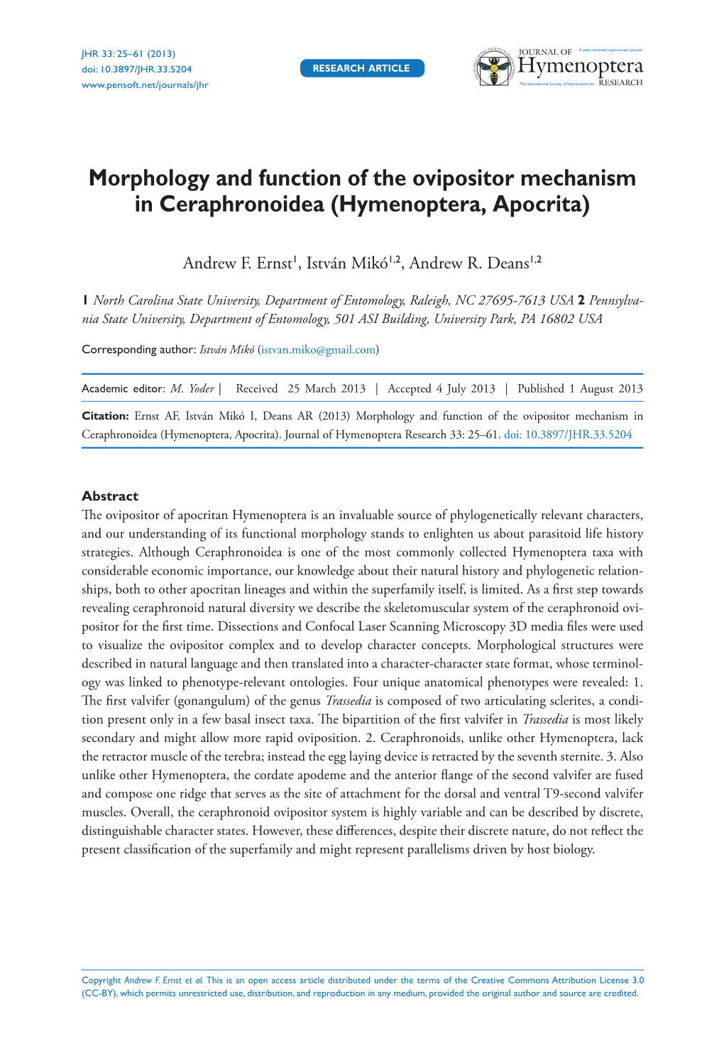 Morphology and Function of the Ovipositor Mechanism in Ceraphronoidea