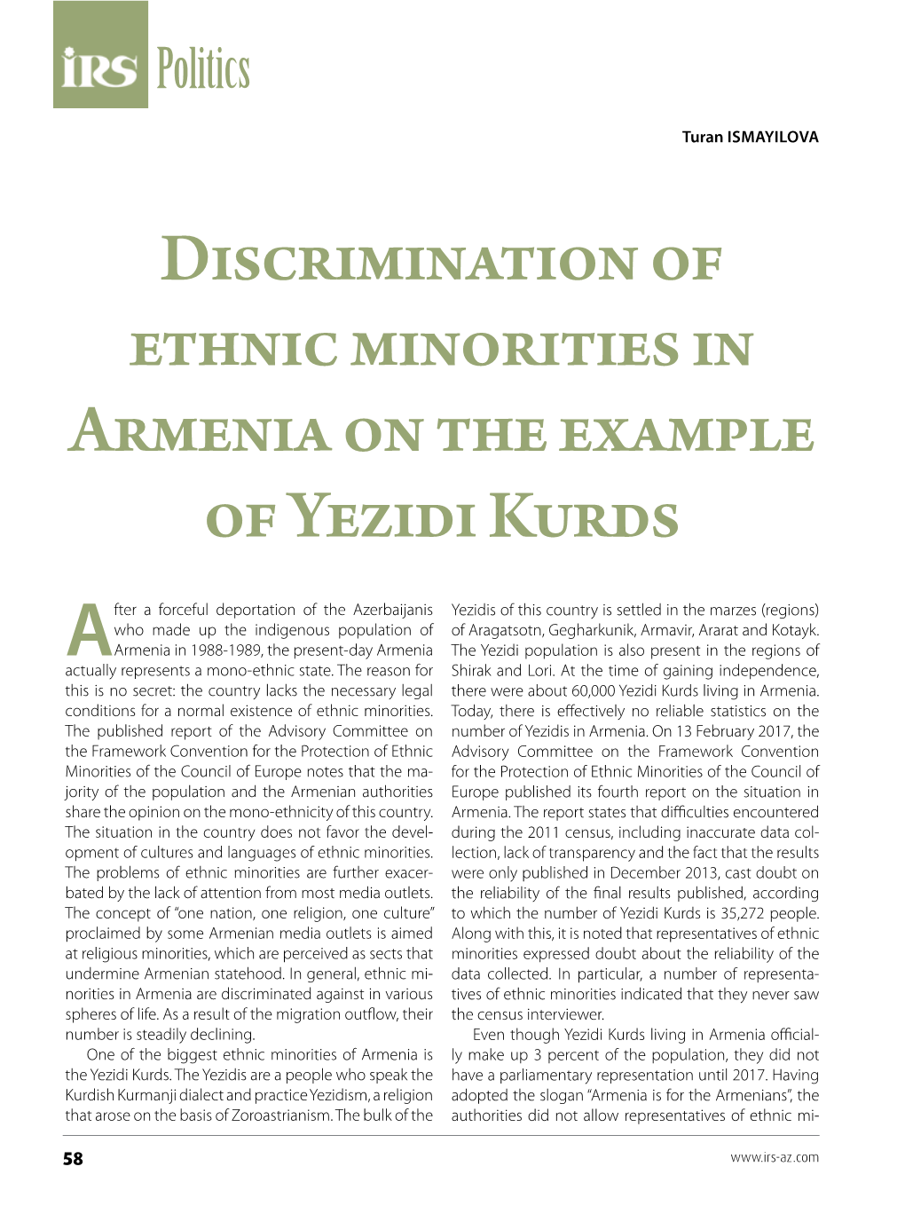 Discrimination of Ethnic Minorities in Armenia on the Example of Yezidi Kurds
