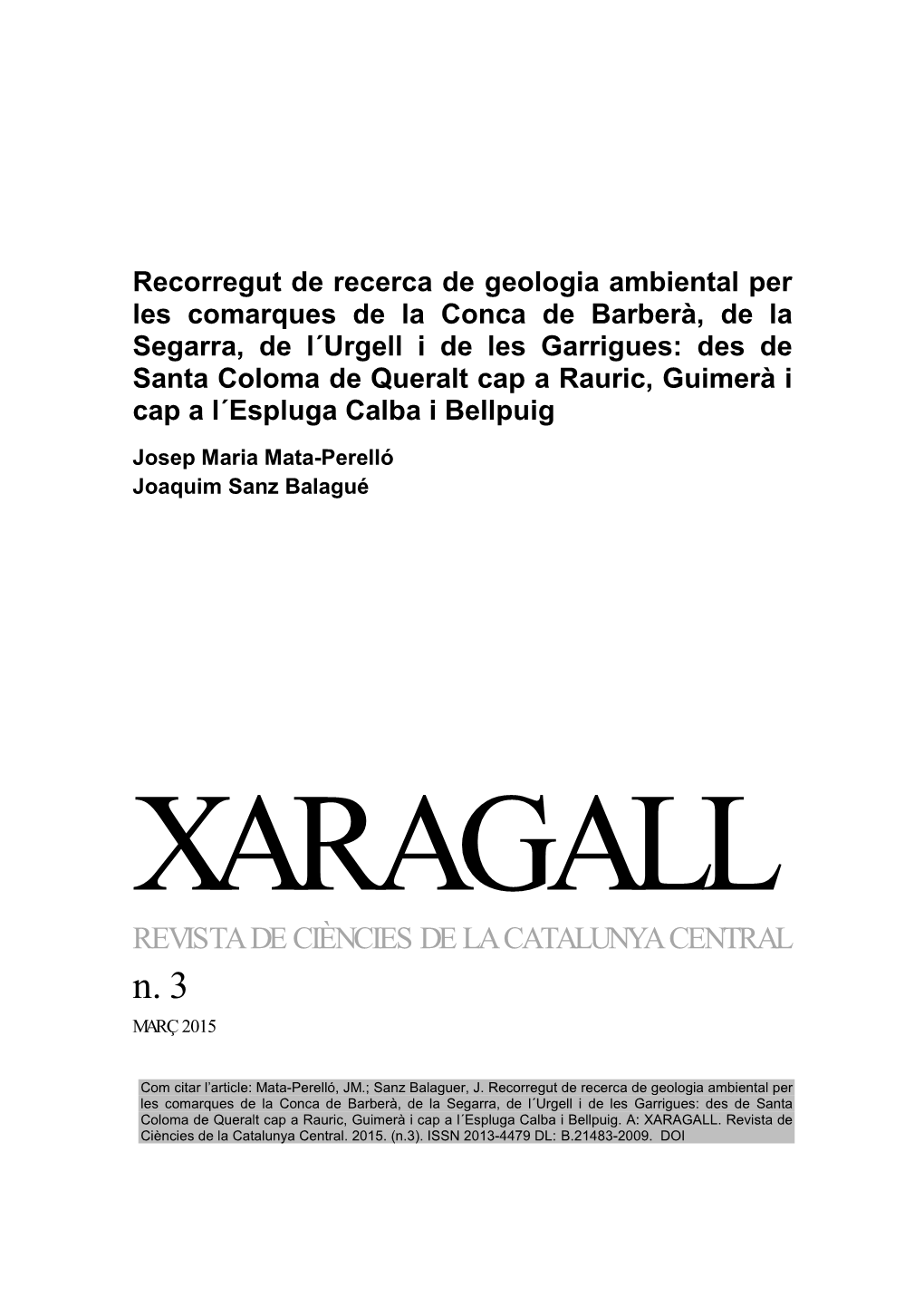 XARAGALL REVISTA DE CIÈNCIES DE LA CATALUNYA CENTRAL N