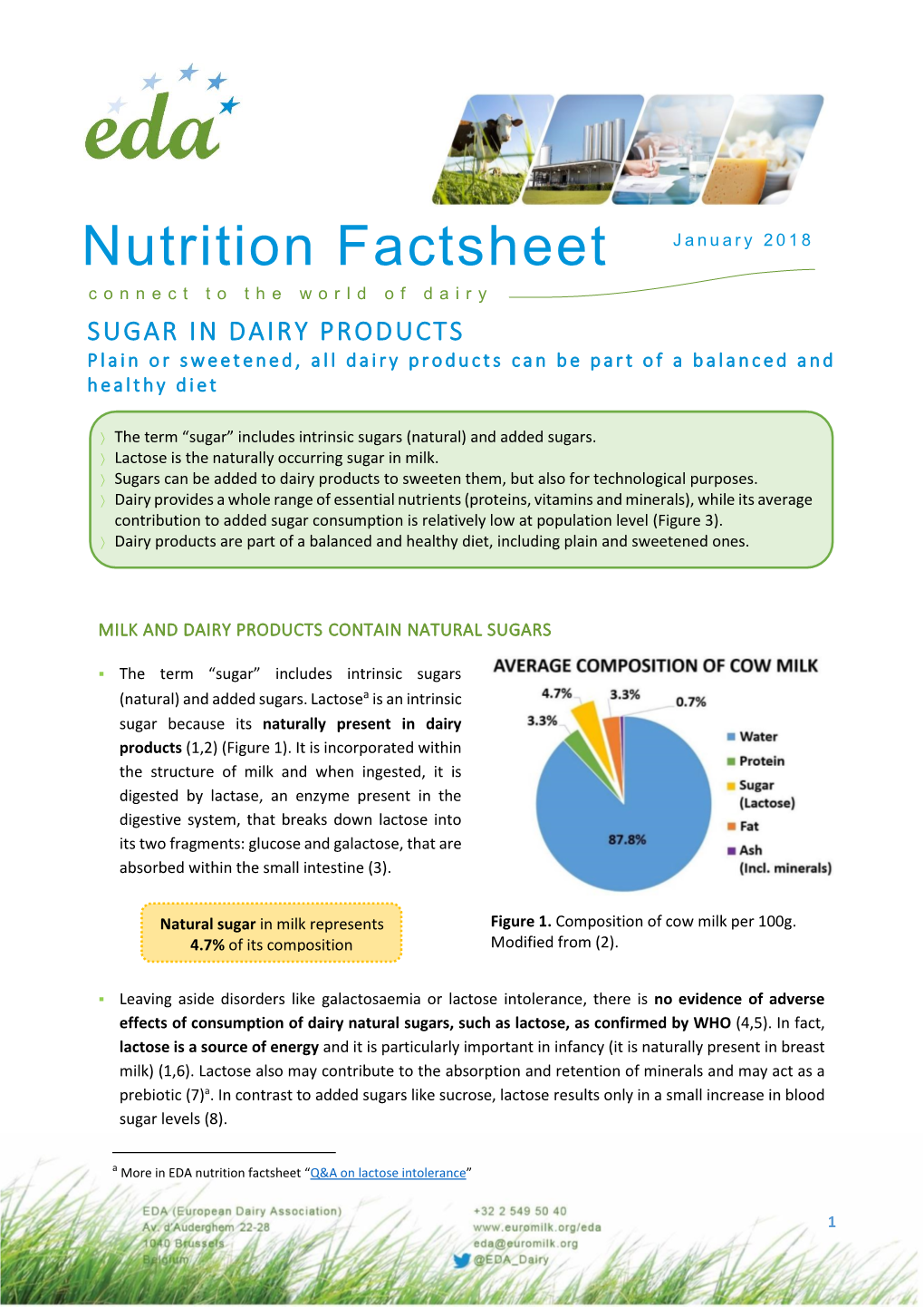Nutrition Factsheet Connect to the World of Dairy SUGAR in DAIRY PRODUCTS Plain Or S W E E T E N E D , All Dairy Products Can Be Part of a Balanced and Healthy Diet