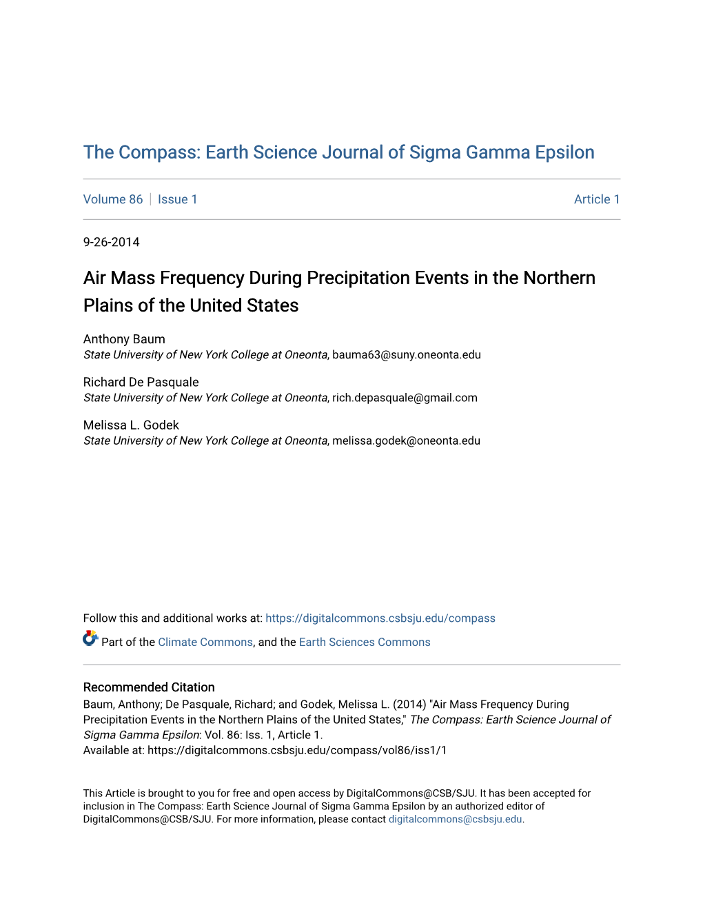 Air Mass Frequency During Precipitation Events in the Northern Plains of the United States