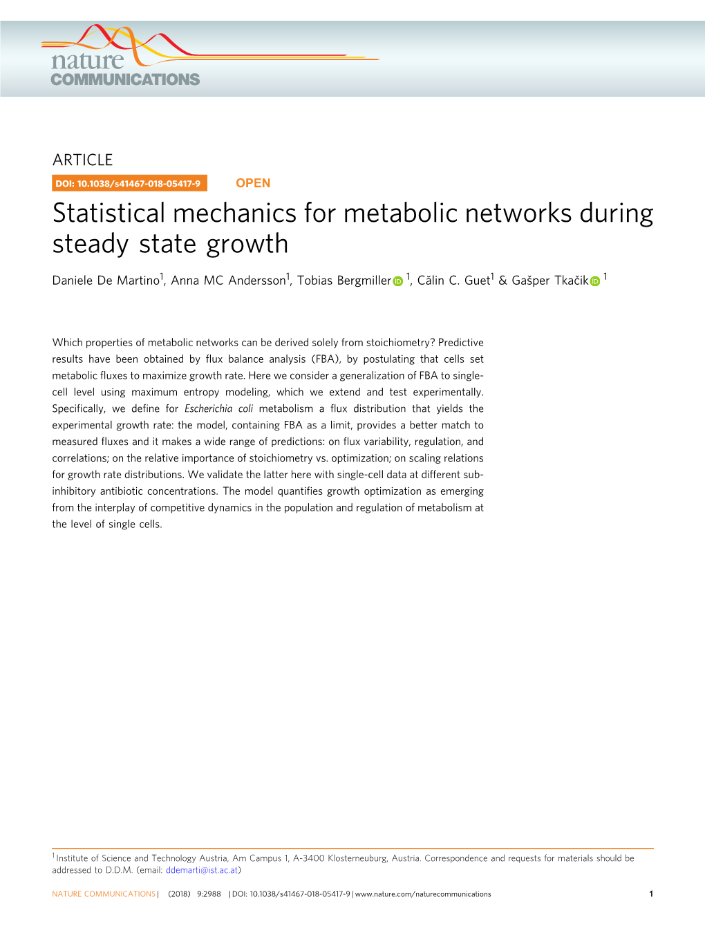 Statistical Mechanics for Metabolic Networks During Steady State Growth