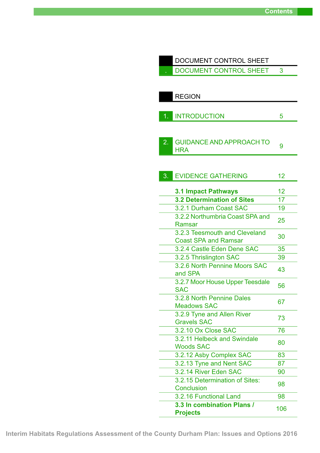 Interim Habitats Regulations Assessment of the County Durham Plan: Issues and Options 2016 Contents