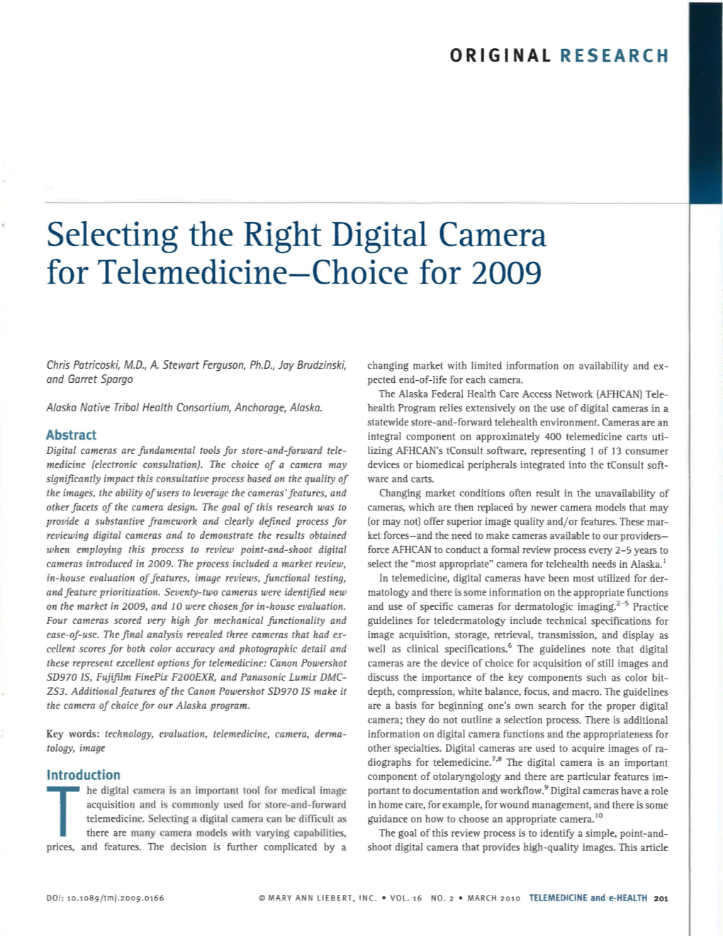 Selecting the Right Digital Camera for Telemedicine- Choice for 2009- 2010