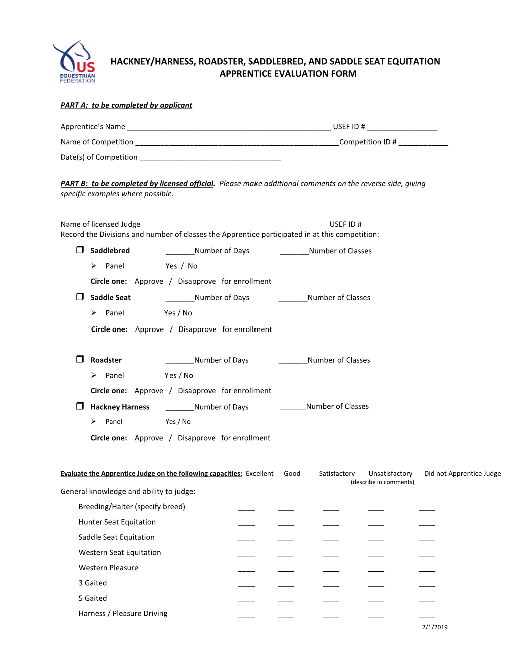 Hackney/Harness, Roadster, Saddlebred, and Saddle Seat Equitation Apprentice Evaluation Form