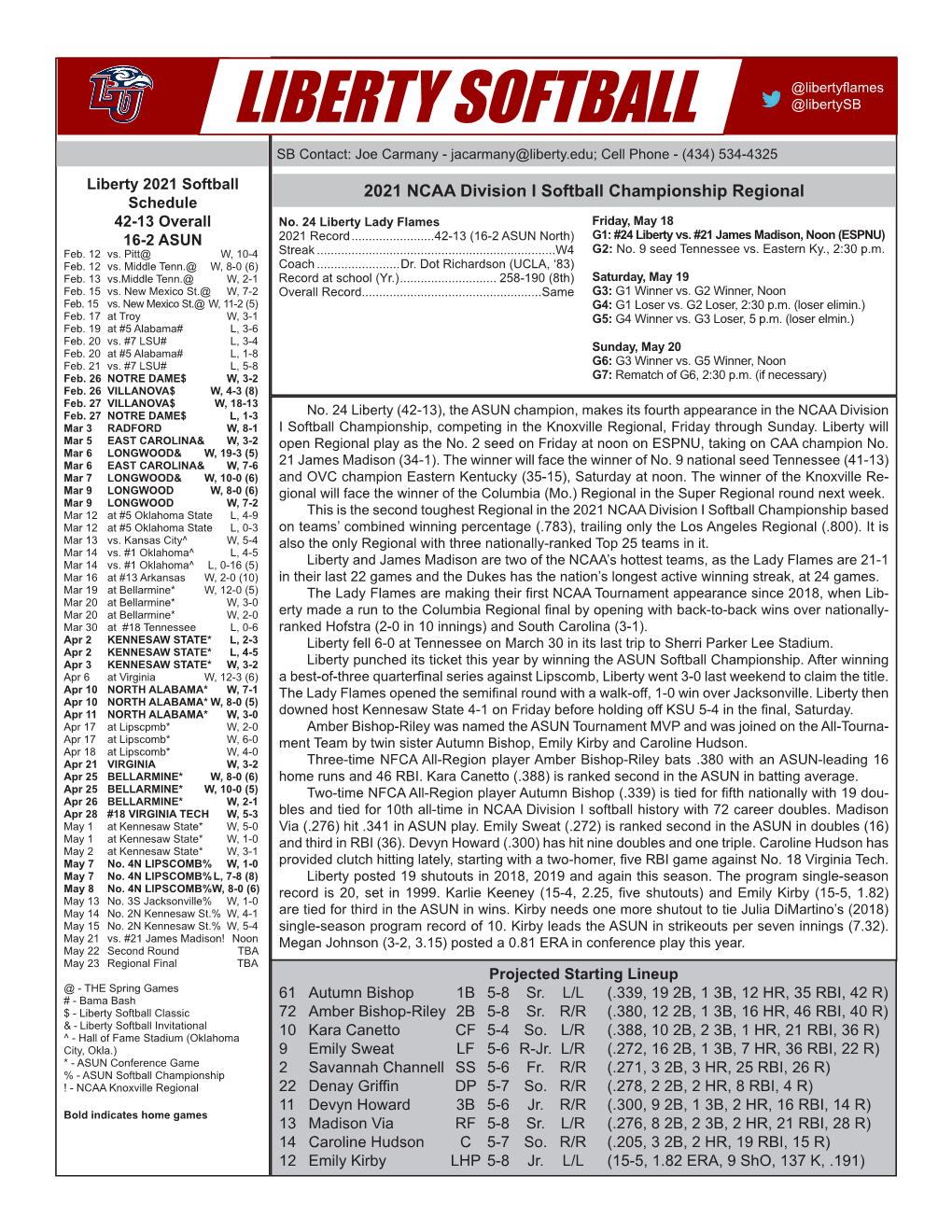 Liberty Softball Game Notes @Libertyflames @Libertysb LIBERTY SOFTBALL SB Contact: Joe Carmany - Jacarmany@Liberty.Edu; Cell Phone - (434) 534-4325