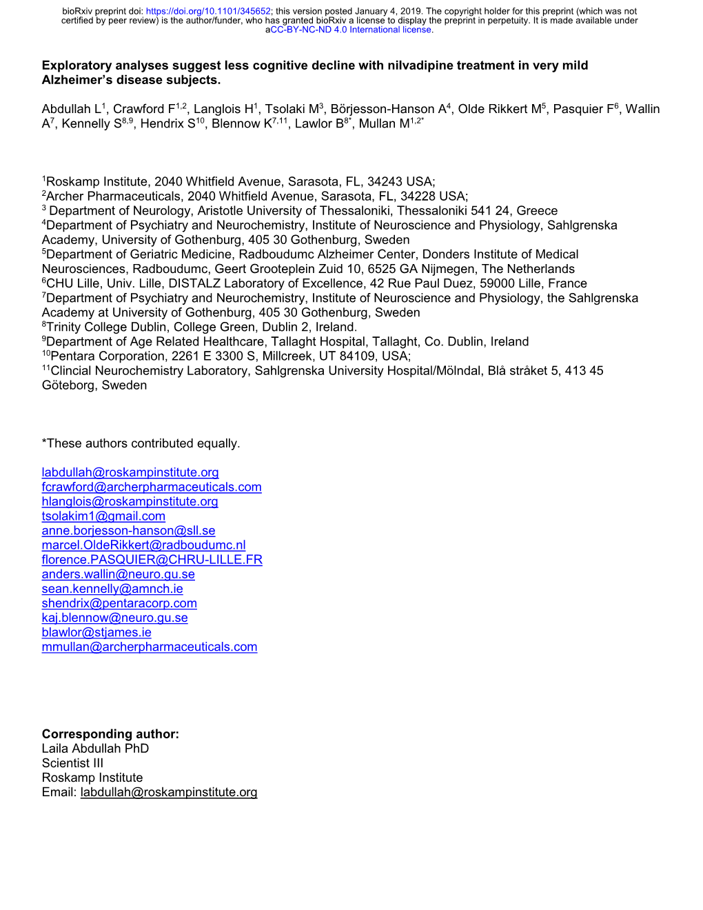 Exploratory Analyses Suggest Less Cognitive Decline with Nilvadipine Treatment in Very Mild Alzheimer’S Disease Subjects