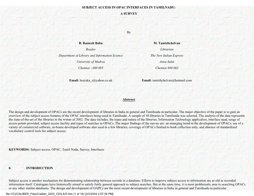 Subject Access in Opac Interfaces in Tamilnadu: a Survey