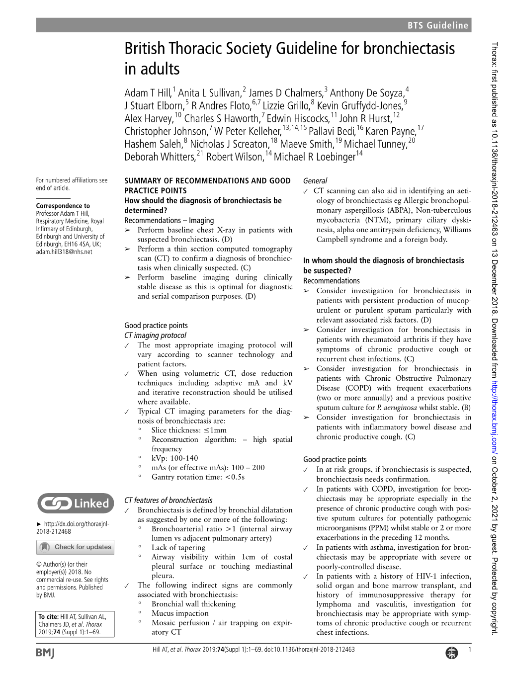 British Thoracic Society Guideline for Bronchiectasis in Adults