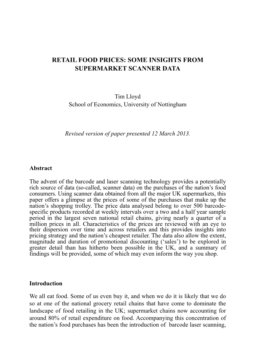 Retail Food Prices: Some Insights from Supermarket Scanner Data