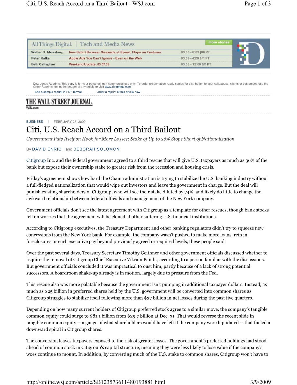 Citi, U.S. Reach Accord on a Third Bailout - WSJ.Com Page 1 of 3