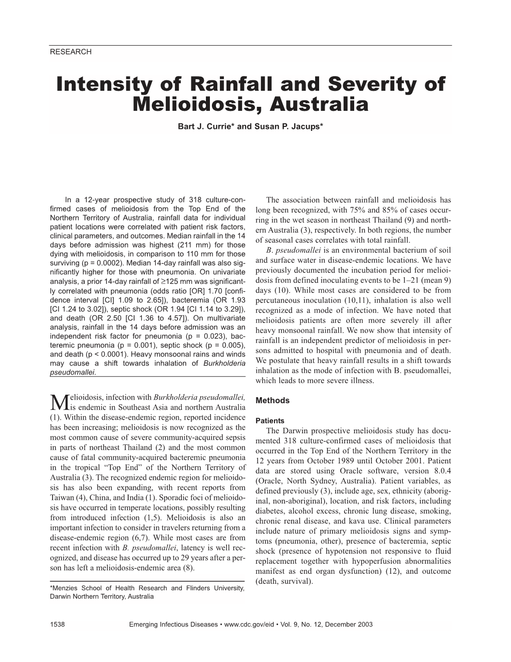 Intensity of Rainfall and Severity of Melioidosis, Australia Bart J