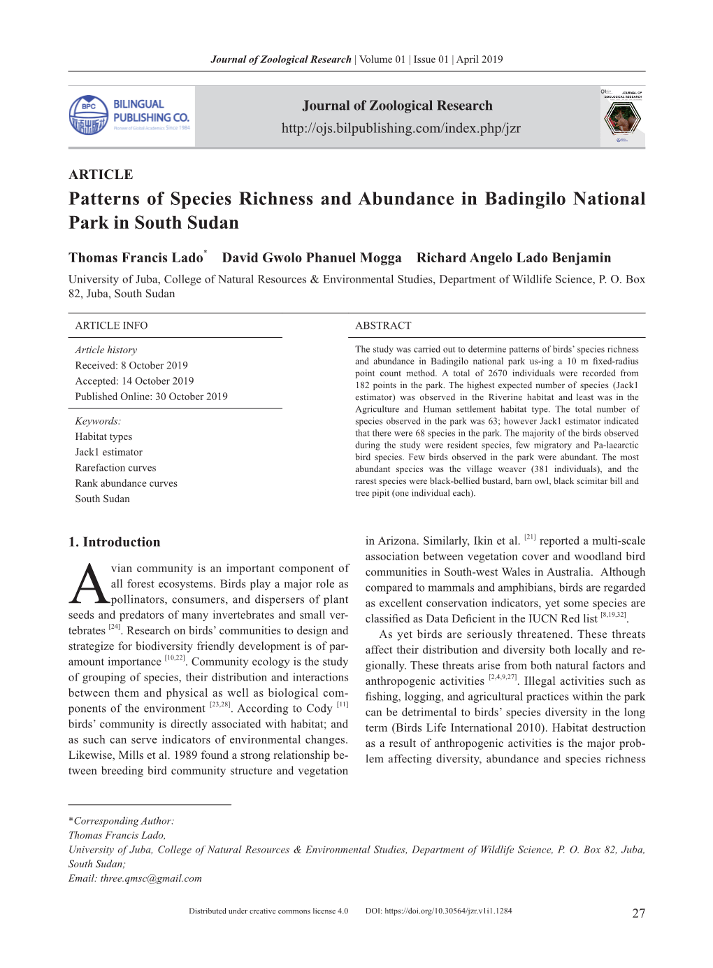 Patterns of Species Richness and Abundance in Badingilo National Park in South Sudan