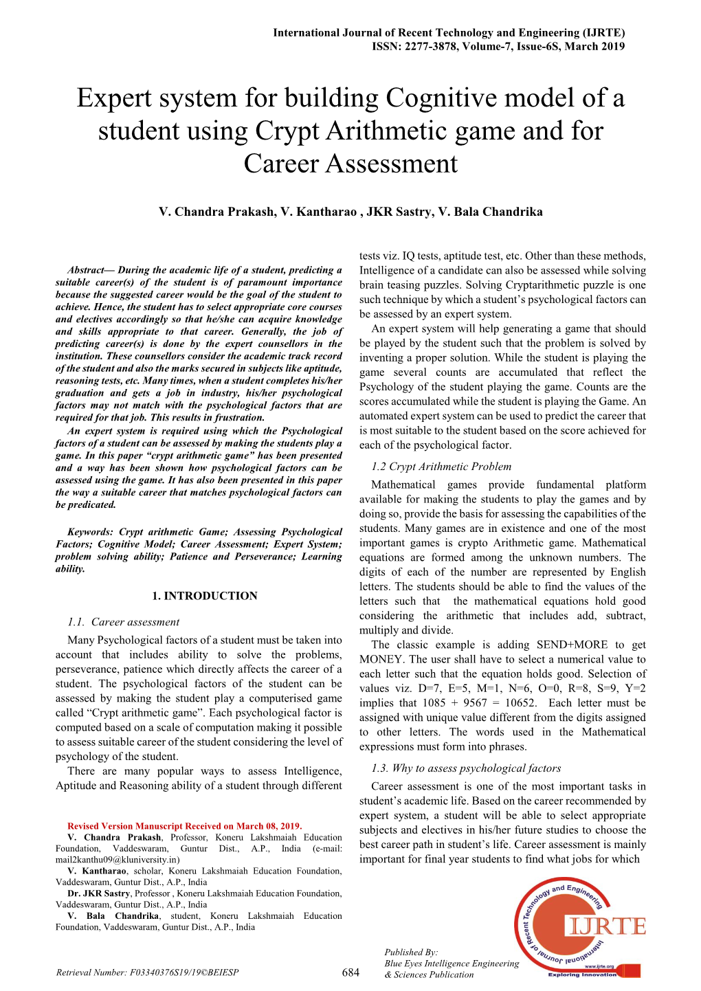 Expert System for Building Cognitive Model of a Student Using Crypt Arithmetic Game and for Career Assessment