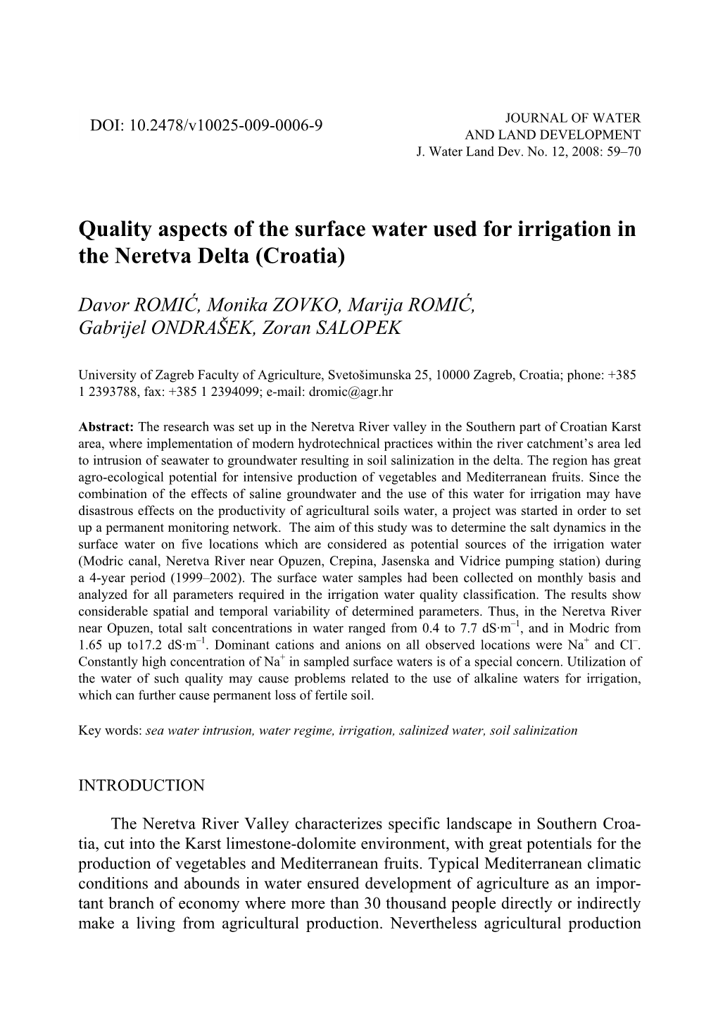 Quality Aspects of the Surface Water Used for Irrigation in the Neretva Delta (Croatia)