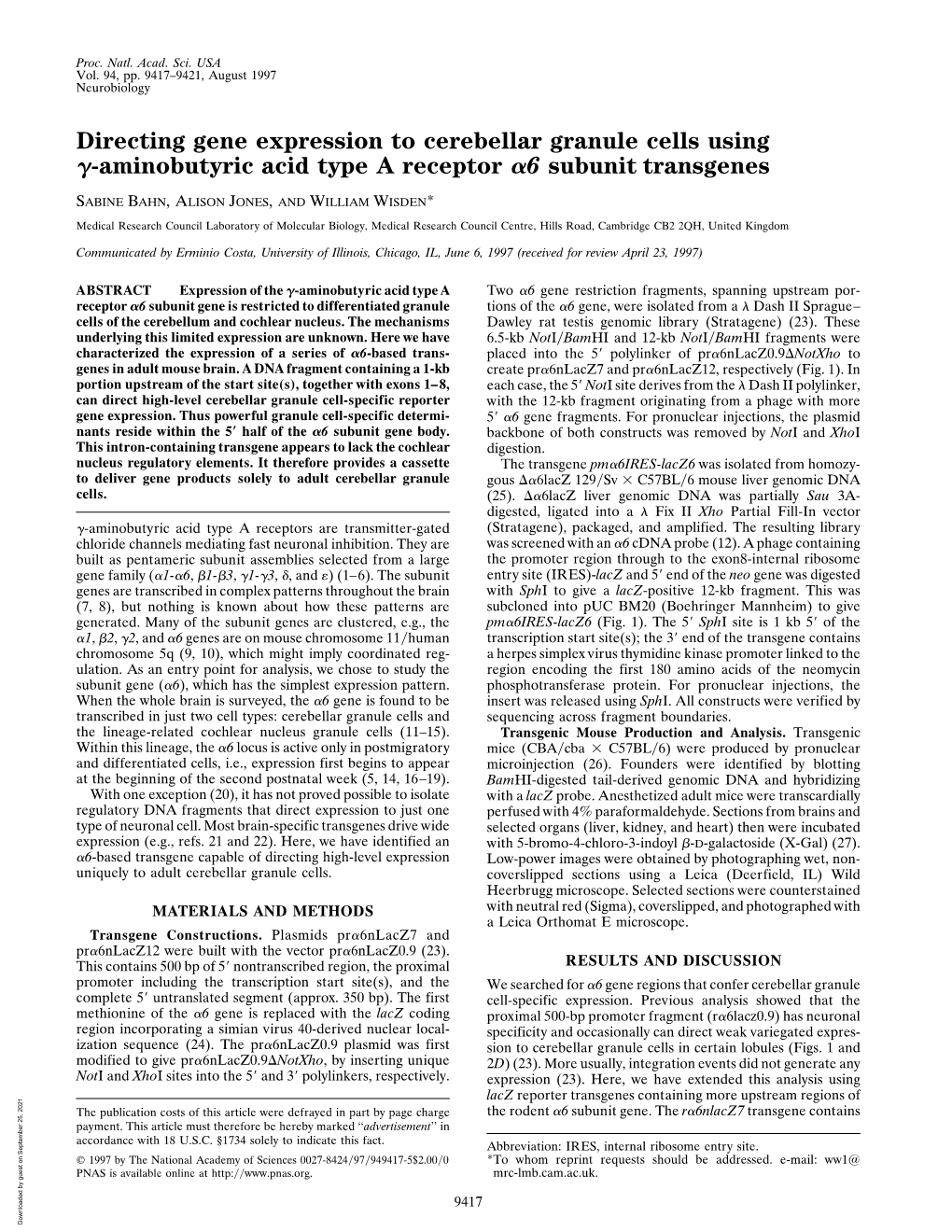 Directing Gene Expression to Cerebellar Granule Cells Using -Aminobutyric Acid Type a Receptor 6 Subunit Transgenes