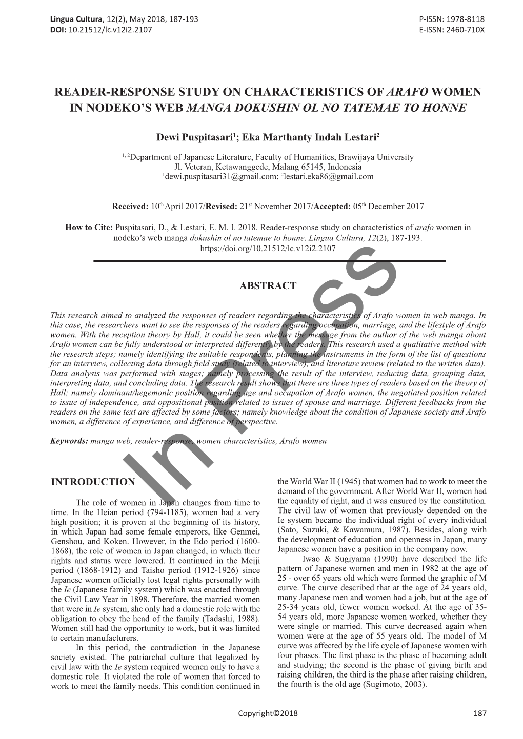 Reader-Response Study on Characteristics of Arafo Women in Nodeko’S Web Manga Dokushin Ol No Tatemae to Honne