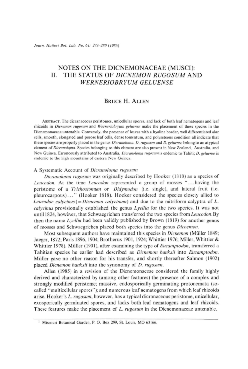 Notes on the Dicnemonaceae (Musci): 11. the Status of Dicnemon Rugosum and Werneriobryum Geluense