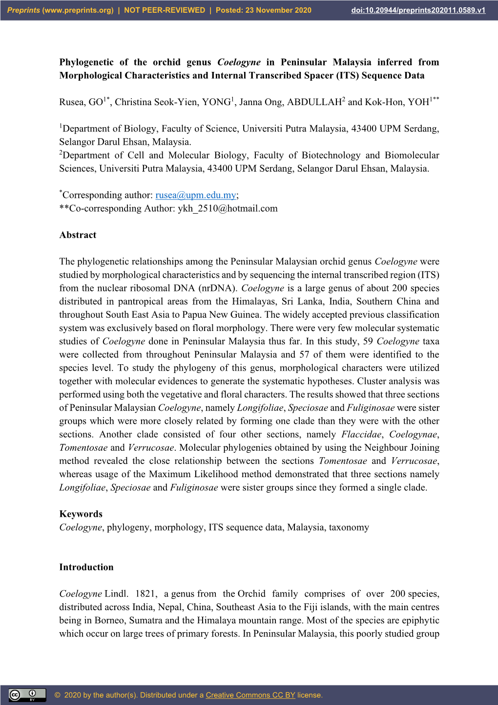 Phylogenetic of the Orchid Genus Coelogyne in Peninsular Malaysia Inferred from Morphological Characteristics and Internal Transcribed Spacer (ITS) Sequence Data