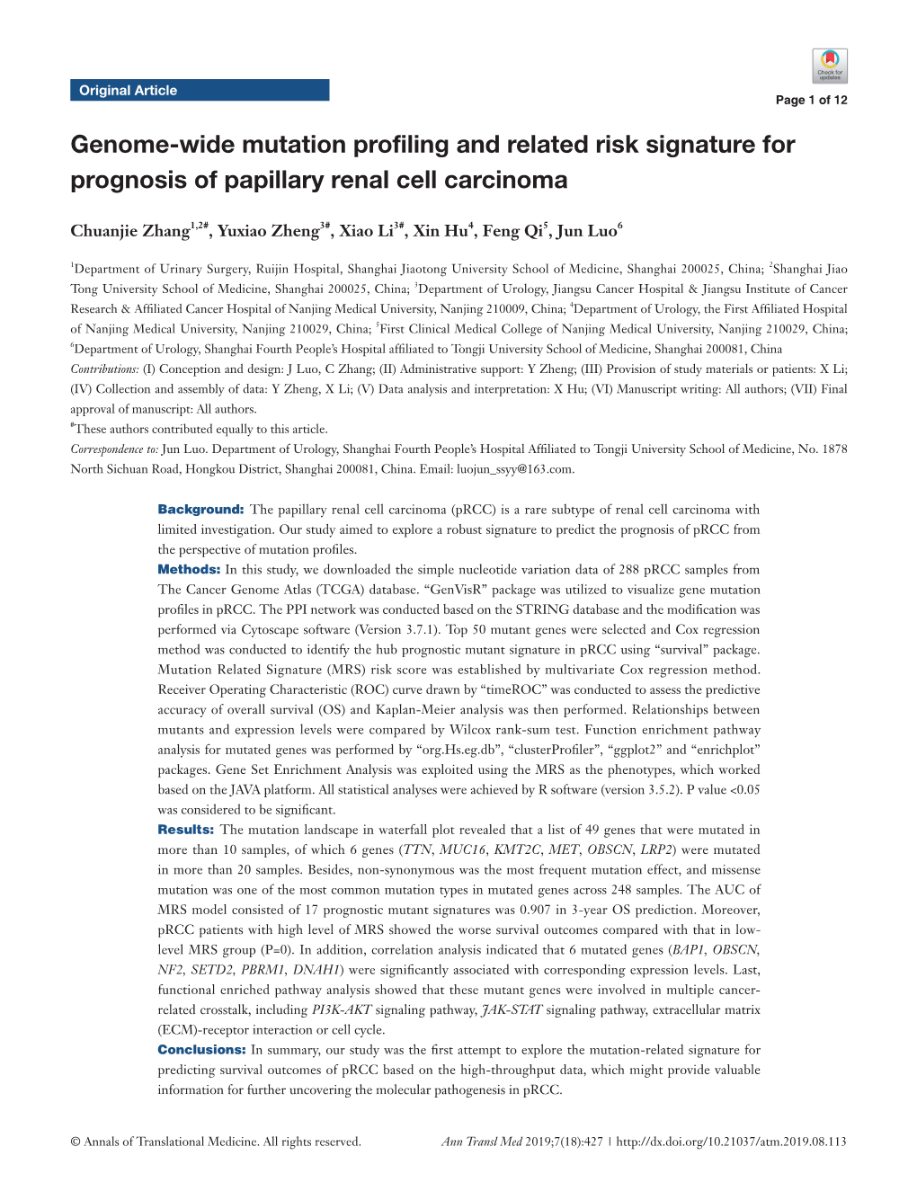 Genome-Wide Mutation Profiling and Related Risk Signature for Prognosis of Papillary Renal Cell Carcinoma