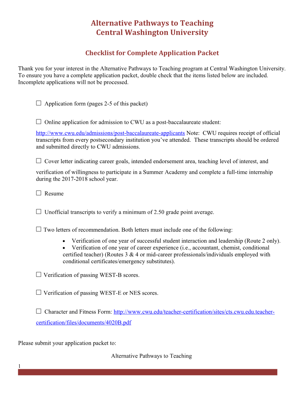 Checklist for Complete Application Packet