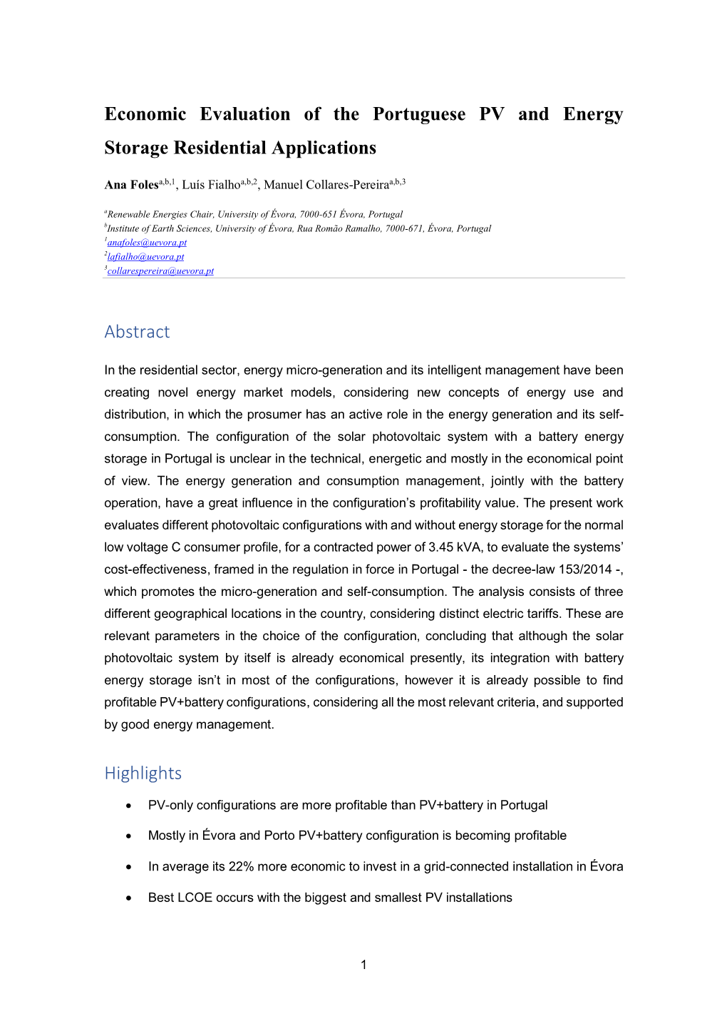 Economic Evaluation of the Portuguese PV and Energy Storage Residential Applications