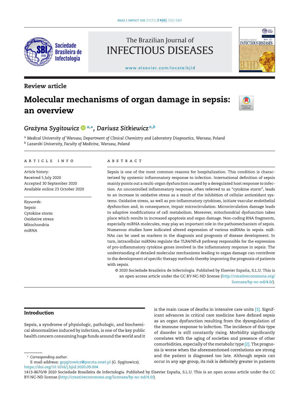 Molecular Mechanisms of Organ Damage in Sepsis