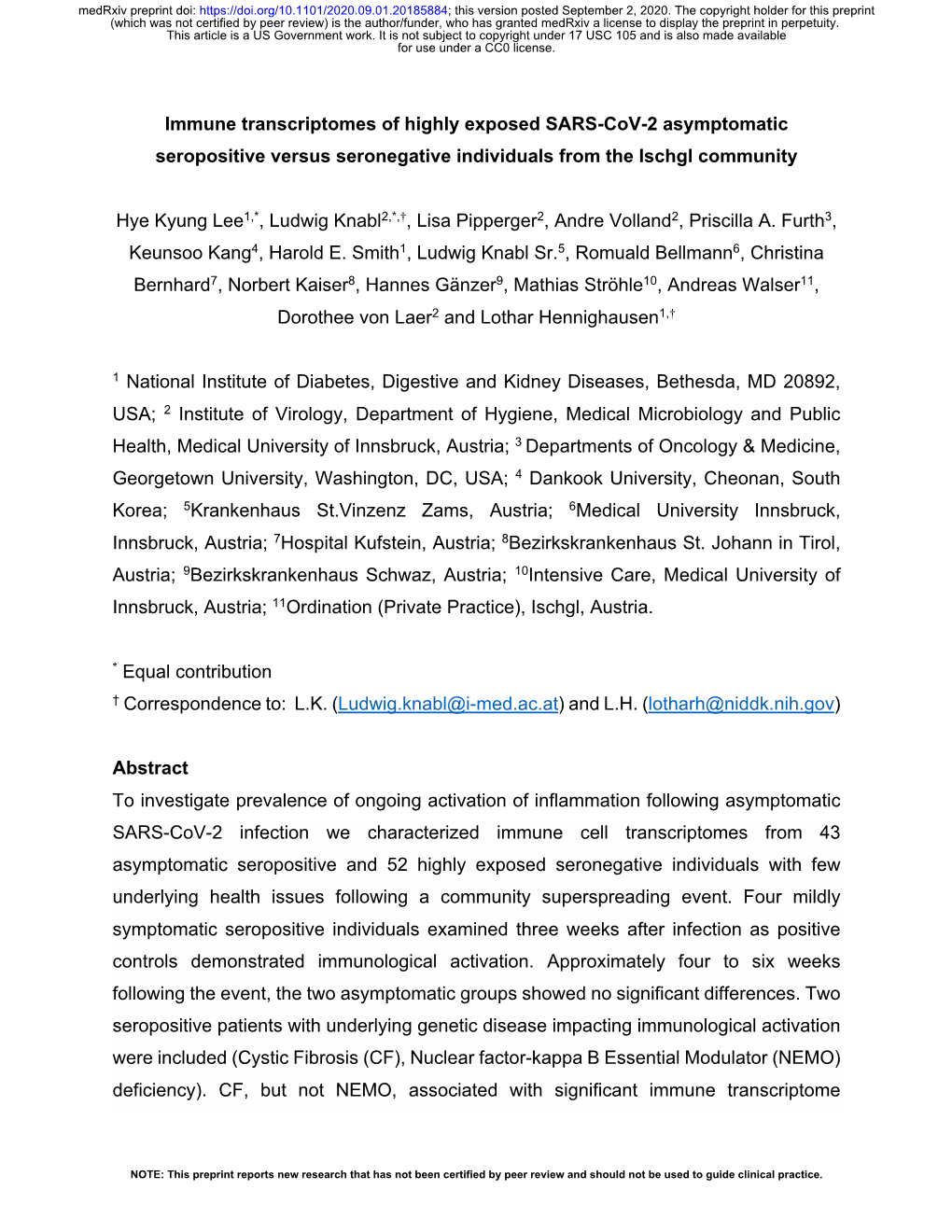 Immune Transcriptomes of Highly Exposed SARS-Cov-2 Asymptomatic Seropositive Versus Seronegative Individuals from the Ischgl Community