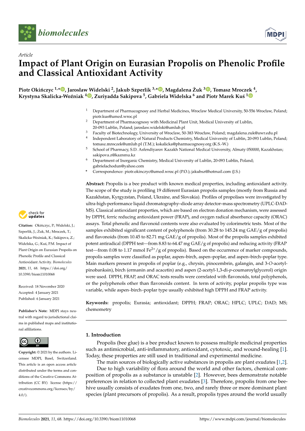 Impact of Plant Origin on Eurasian Propolis on Phenolic Profile And