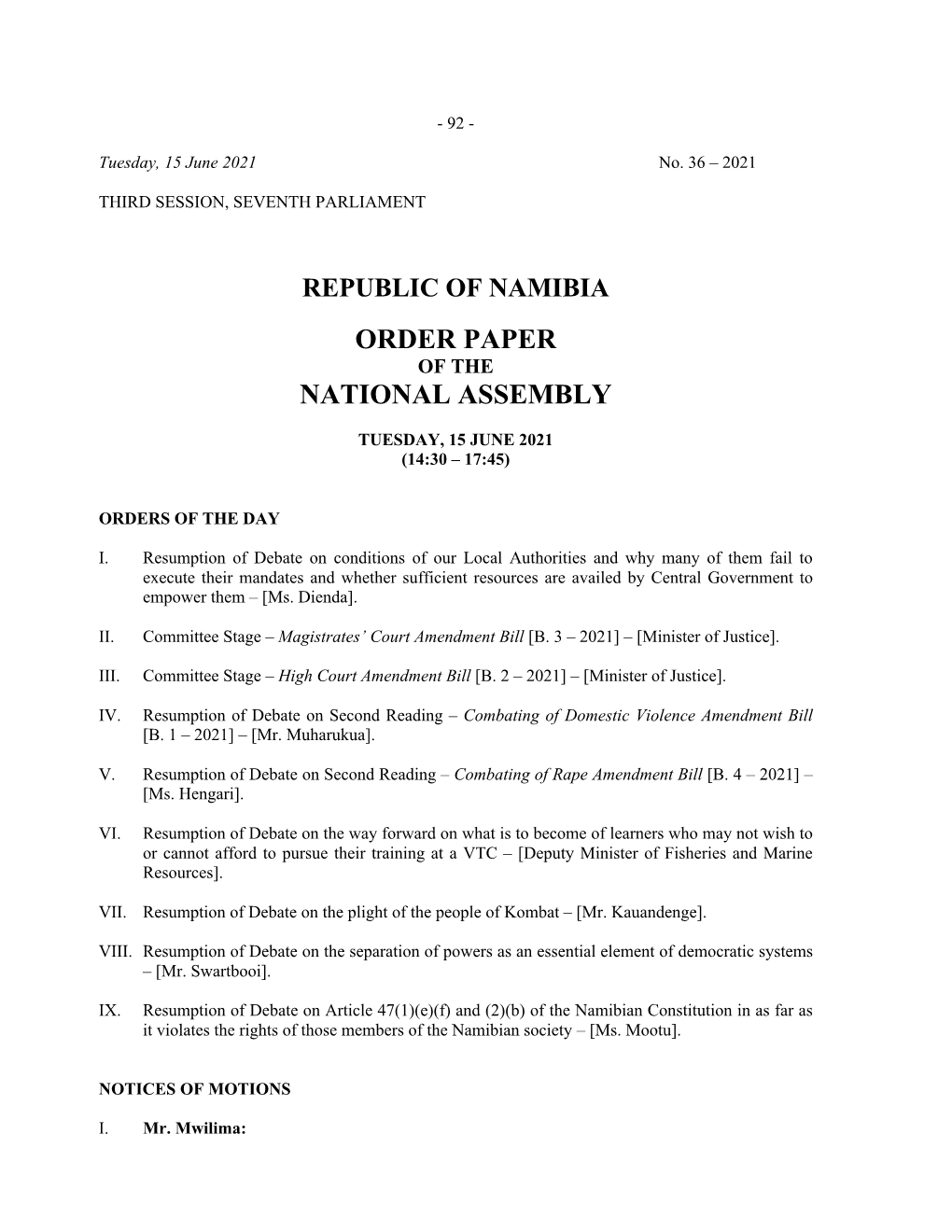 Order Paper No. 36: Tuesday, 15 June 2021