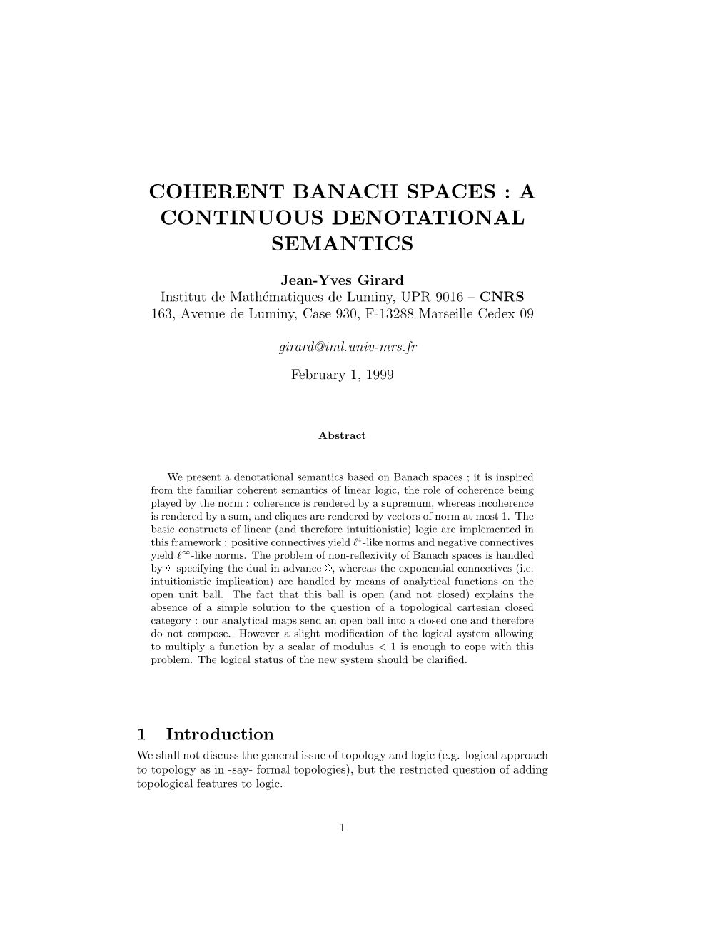 Coherent Banach Spaces : a Continuous Denotational Semantics