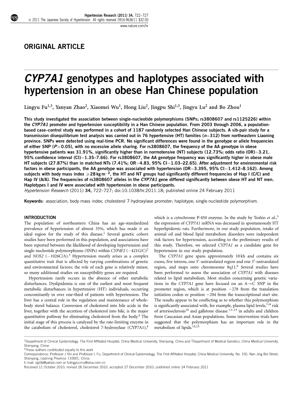 CYP7A1 Genotypes and Haplotypes Associated with Hypertension in an Obese Han Chinese Population