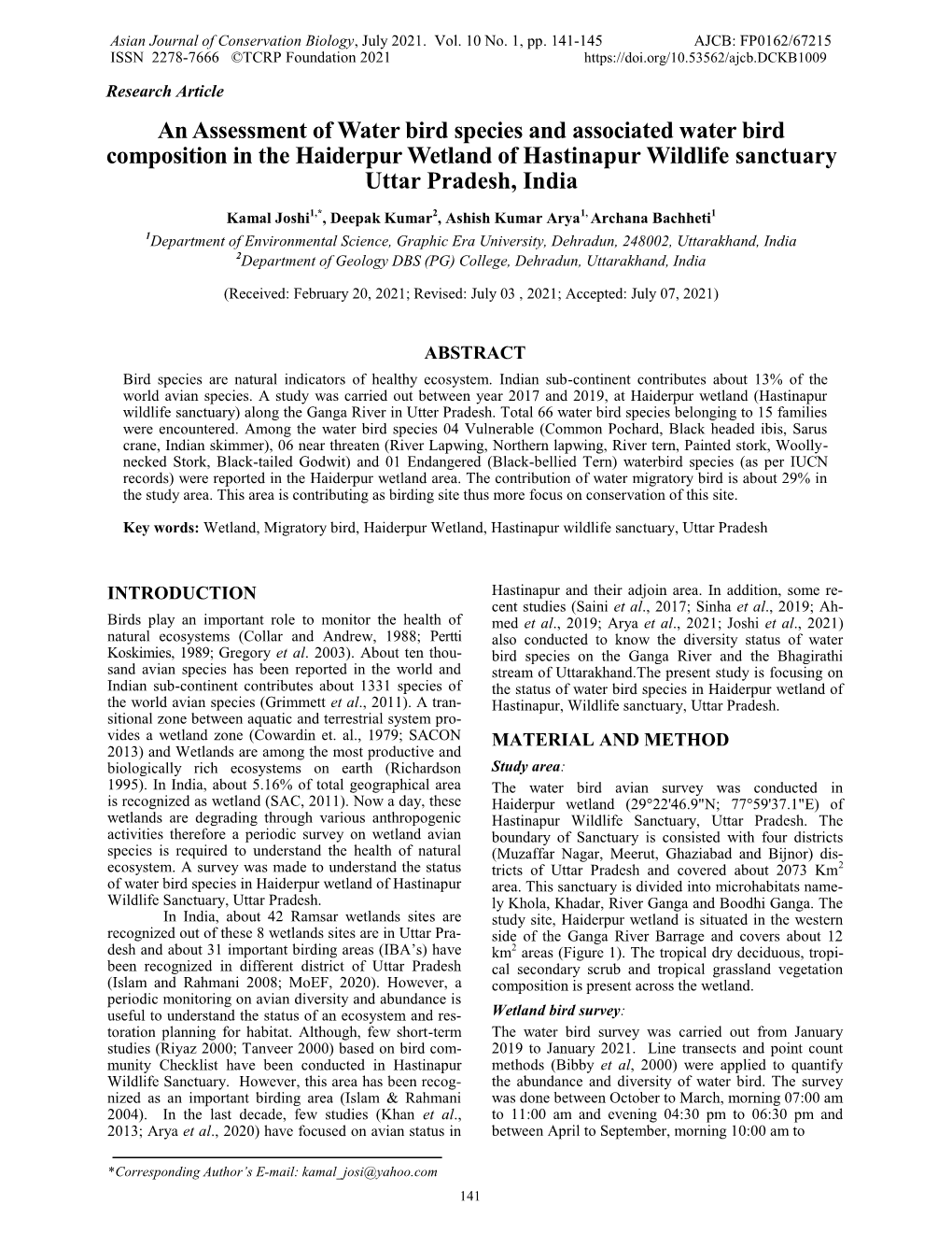 An Assessment of Water Bird Species and Associated Water Bird Composition in the Haiderpur Wetland of Hastinapur Wildlife Sanctuary Uttar Pradesh, India