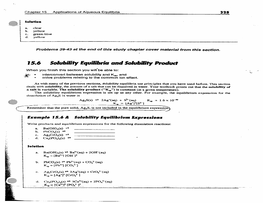 15.6 Solubility Equilibria and Solubility Product